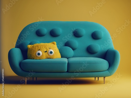 Illustration of a plush blue sofa in a yellow studio. Generative AI © 2rogan