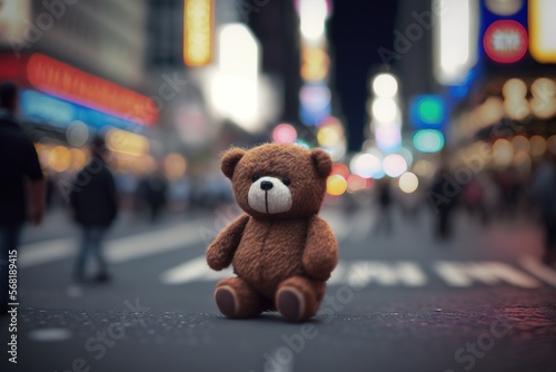  a small teddy bear sitting on the side of a road in the middle of a busy city street at night with people walking on the street.  generative ai