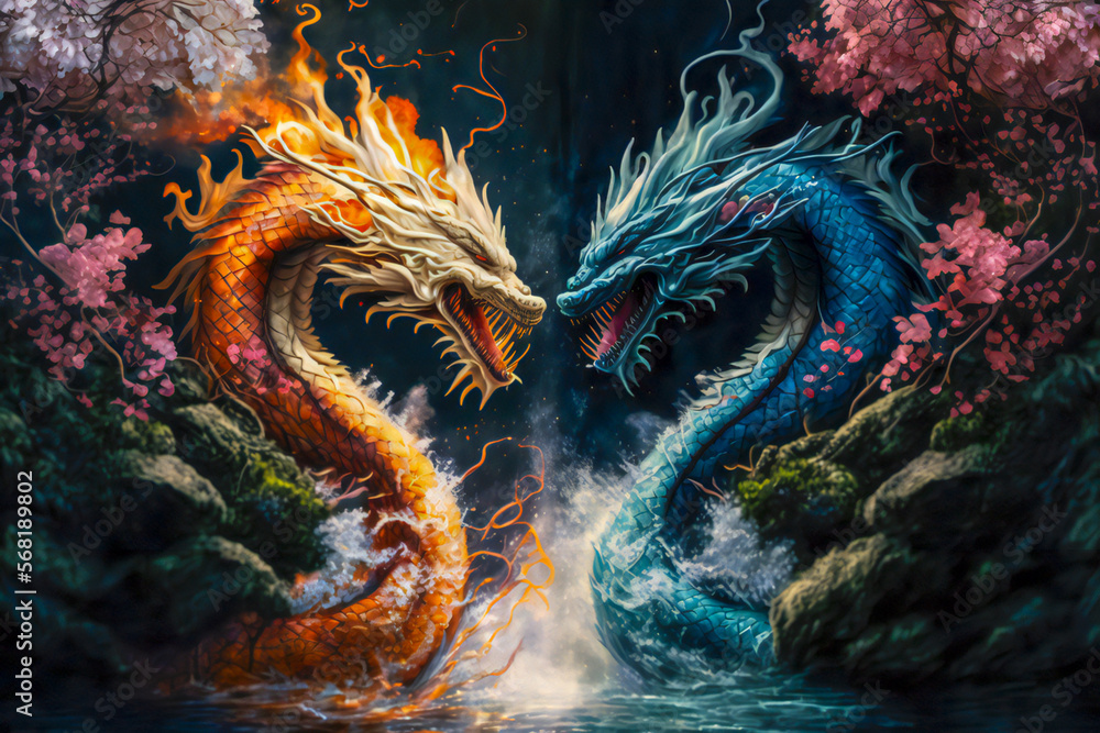 Art in the style of Japanese mythology. The battle of two dragons Art in the style of Japanese mythology. The battle of two dragons