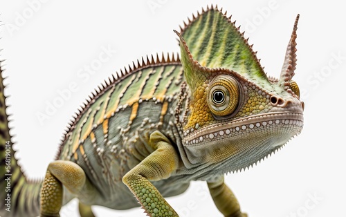 A Jackson s horned chameleon  Trioceros jacksonii  is shown walking sideways while looking at the camera on a white background. Generative AI