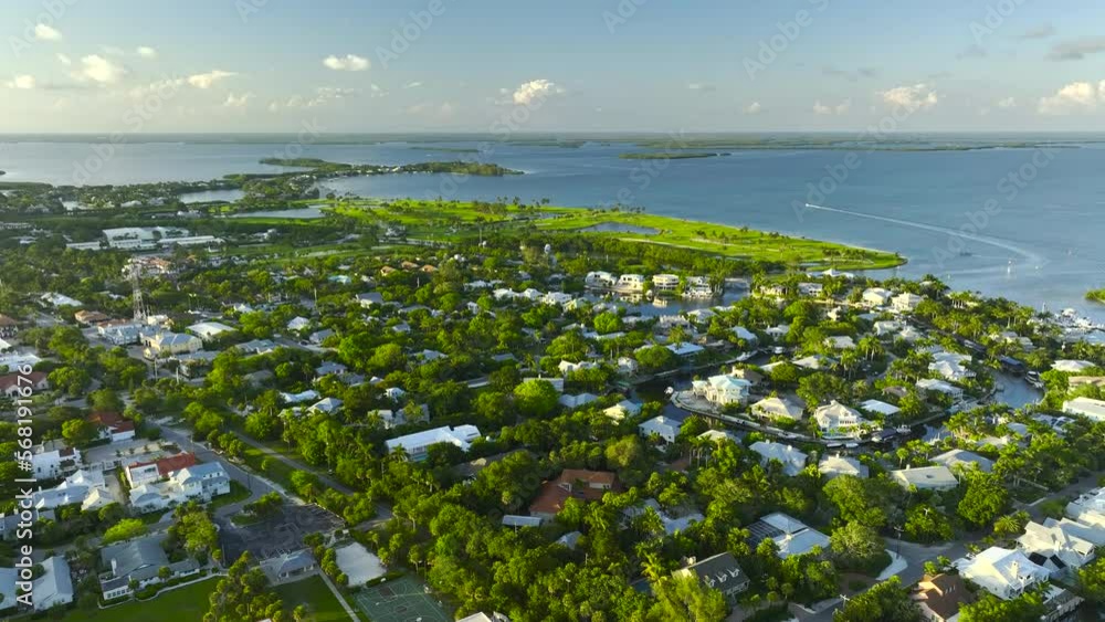Aerial view of expensive residential houses in island small town Boca