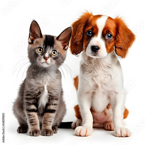 dog, cat, cute, puppy, kitten, together, friendship, baby, white background, sitting together, posing, children, love, animals, postcard, congratulations, photo