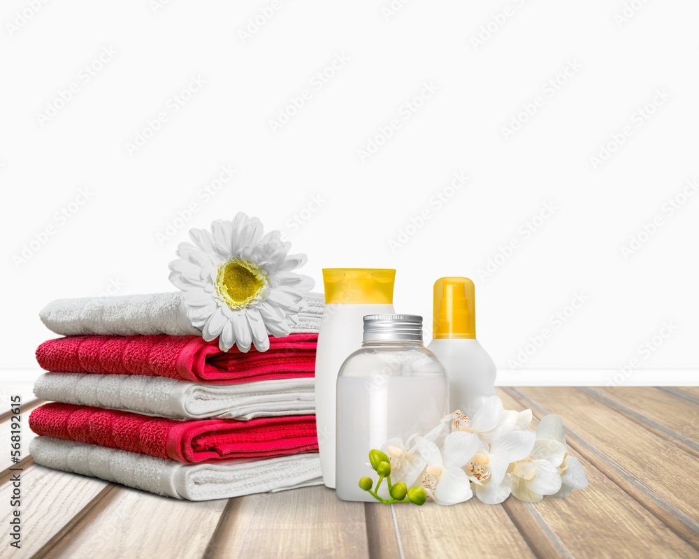 Soft bath towels and soap on the desk Soft bath towels and soap on the desk