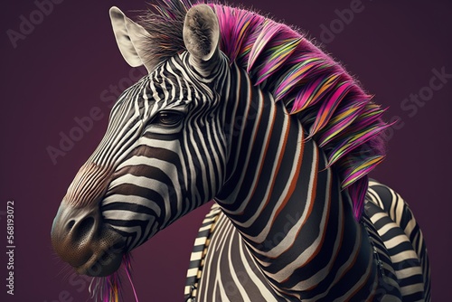  a close up of a zebra's head with multicolored feathers on it's head and neck, against a purple background.  generative ai © Anna
