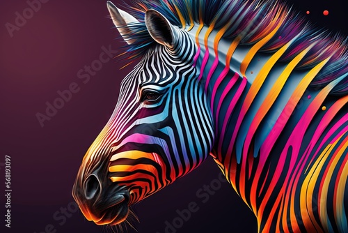  a colorful zebra with a black background and a red spot in the middle of the picture is a black background with a red spot in the middle of the zebra's head.  generative ai