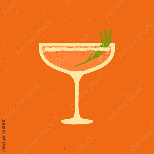 Margarita glass. Cocktail drink glass with tarragon. Bellini alcohol drink for weekend and party. Flat vector illustration with texture. Minimalist retro poster