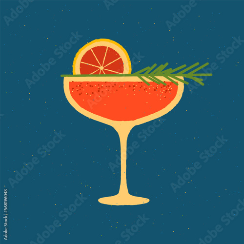 Margarita drink glass. Cocktail drink glass with grapefruit and rosemary. Bellini alcohol drink for bar and party. Flat vector illustration with texture. Minimalist retro poster