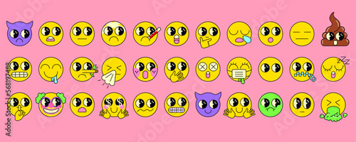 Emoticon design templates. Cartoon retro emoji set. Vintage icons sticker label in 70s, 80s, 90s style. Flat vector illustration. Psychedelic symbols funny cute comic characters