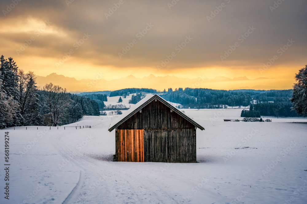 Winter, Stadel, Scheune, Winterlandschaft, Baum, Sonnenuntergang