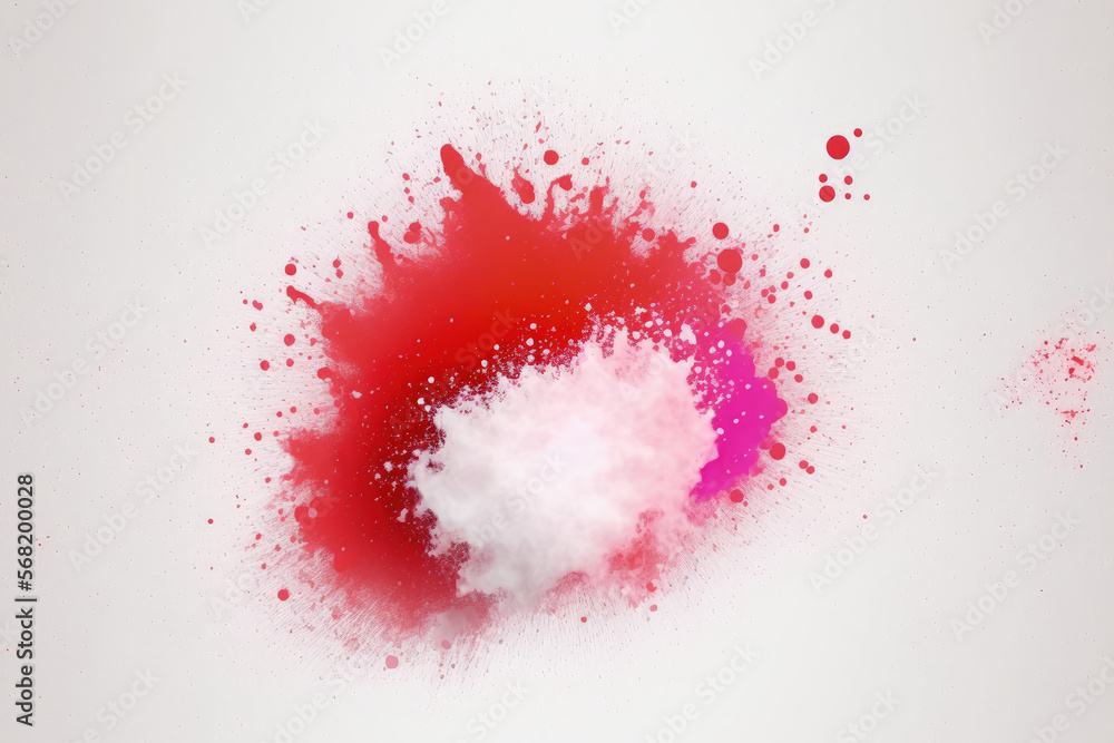 Background of white background with abstract red powder splatter, freeze motion of color powder exploding throwing, and color glitter texture. Generative AI