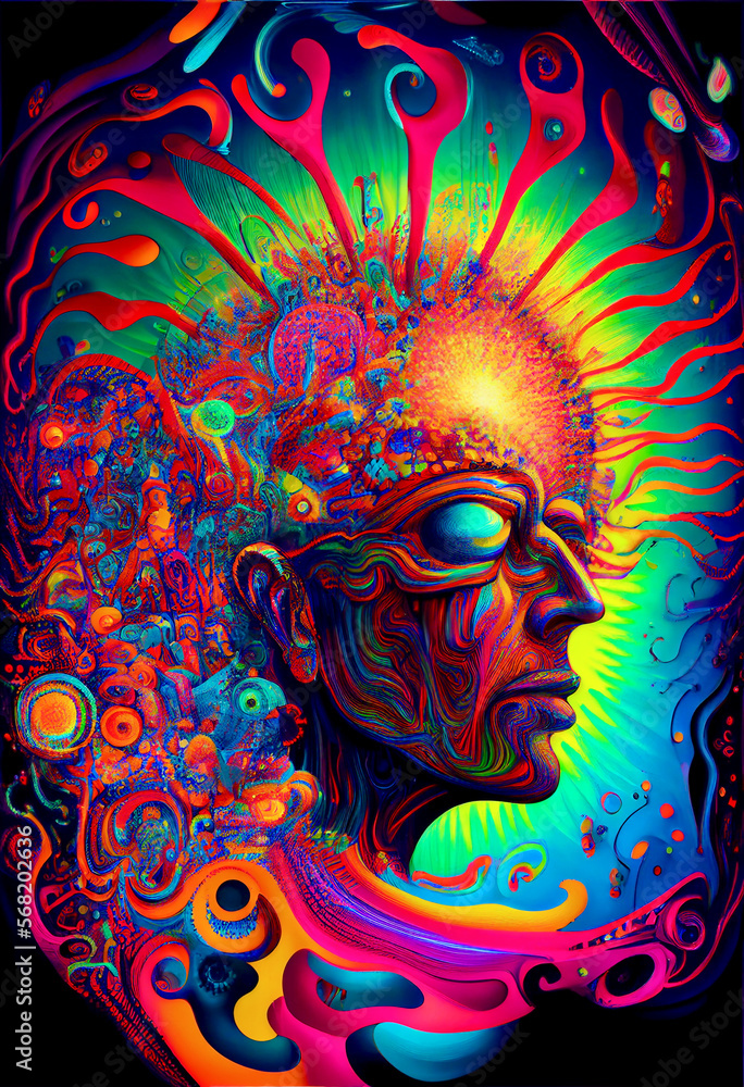 Fototapeta premium Generative AI render of a psychedelic mockup human head