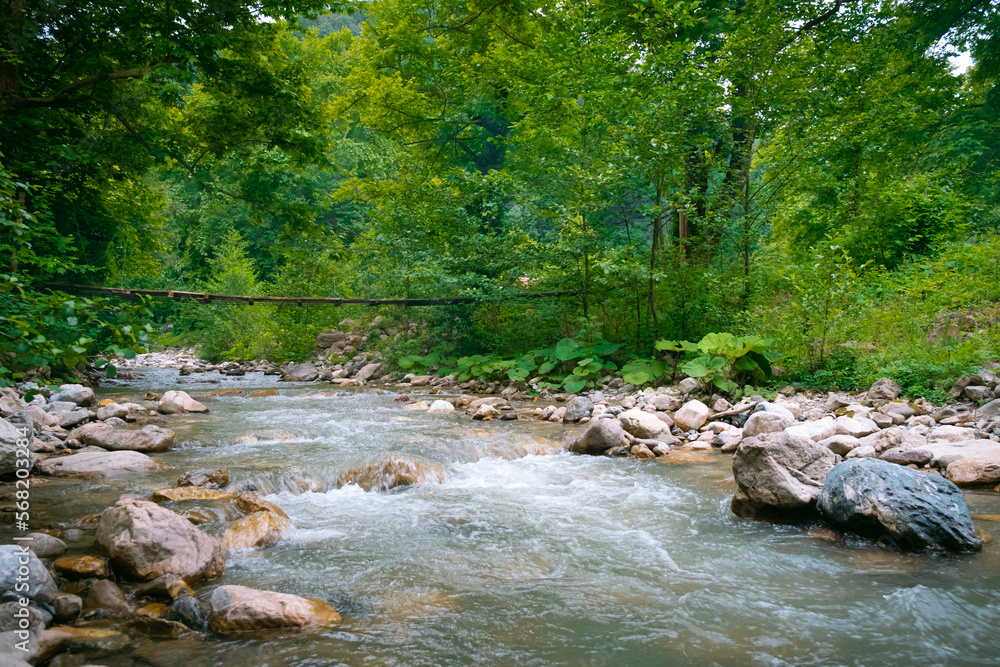 Wooden bridge over the forest river. River water flowing downstream beneath old rustic wooden bridge in nature Wooden bridge over the forest river. River water flowing downstream beneath old rustic wooden bridge in nature