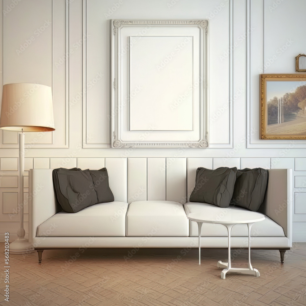 modern living room interior with blank white picture frame above a white sofa with black pillows modern living room interior with blank white picture frame above a white sofa with black pillows