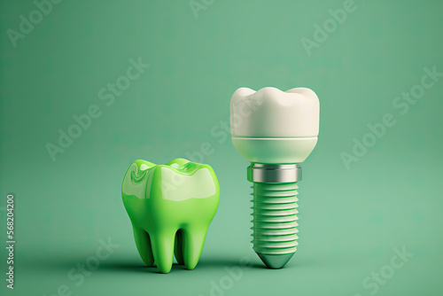 Dental implant and tooth, isolated on a green background. Generative AI
