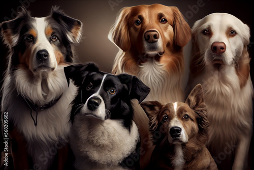 Different dog breeds looking straight. generative AI © Kurosch