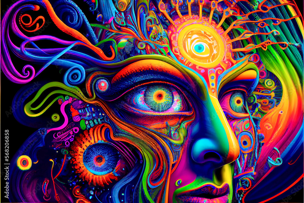 Generative AI render of a psychedelic mockup human head Generative AI render of a psychedelic mockup human head