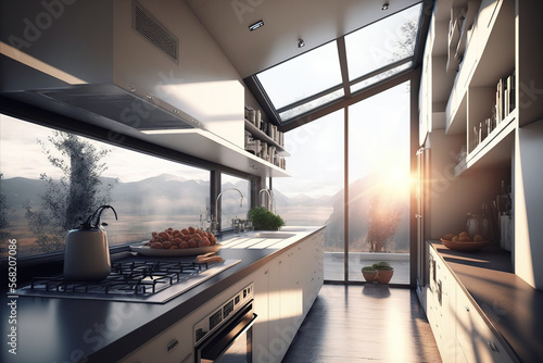 With lights on and sunshine views, modern kitchen. Generative AI photo