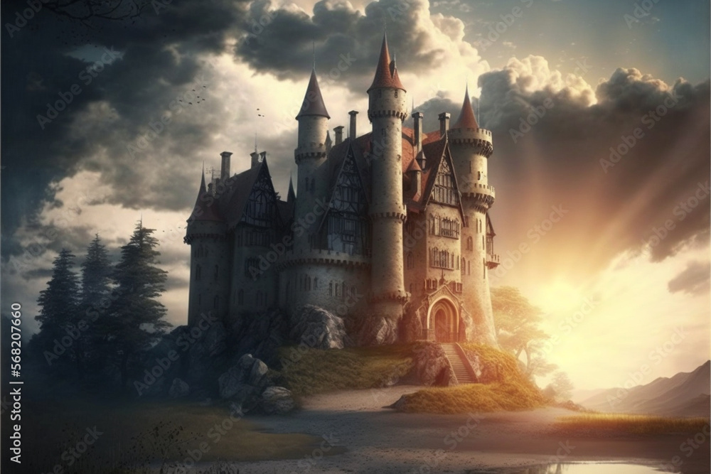 Beautiful historical medieval castle with amazing sun at sunset, clouds and warm glow. Ai generated Beautiful historical medieval castle with amazing sun at sunset, clouds and warm glow. Ai generated