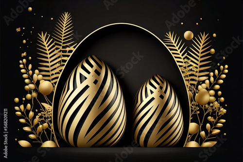 Luxury background with golden and black eggs. 3d luxury golden easter eggs. Happy Easter gold frame, golden luxury modern black background. Collection of Easter holiday invitation templates and golden