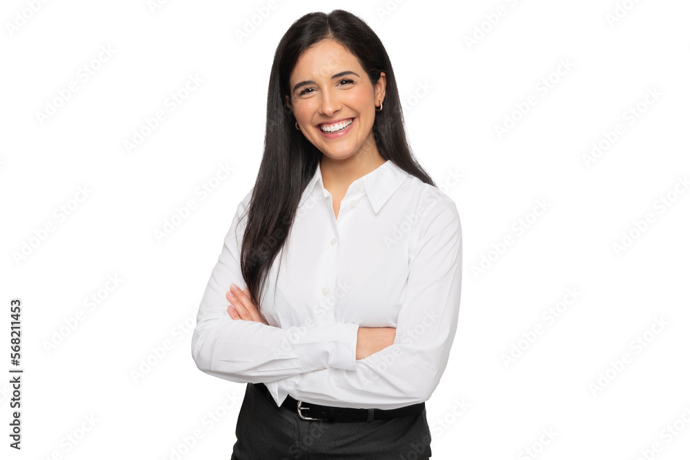 Friendly young business student, entrepreneur, with a charming smile, standing with arms folded against a white background Friendly young business student, entrepreneur, with a charming smile, standing with arms folded against a white background