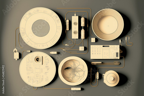 modern devices, circular forms with line symbols, and illustration. Generative AI