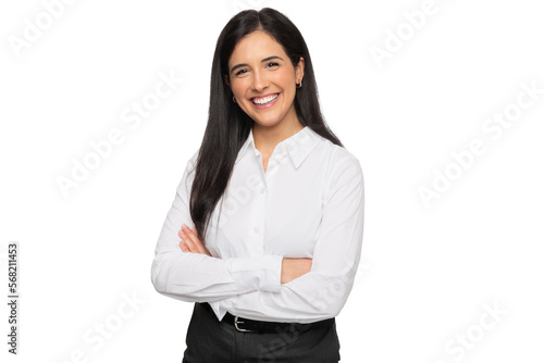 Friendly young business student, entrepreneur, with a charming smile, standing with arms folded against a white background