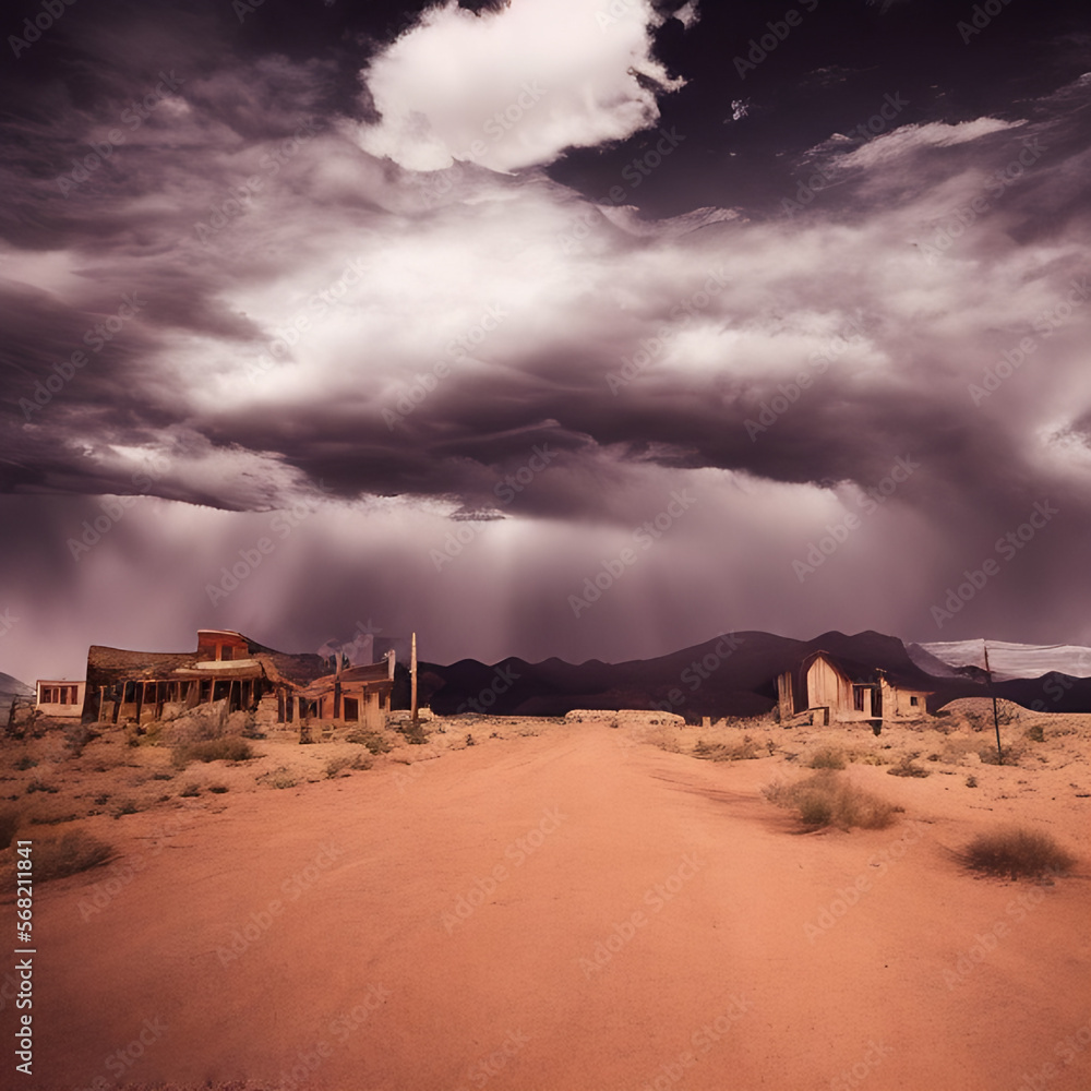 Wild west desert cloudy sky creepy scene red desert path storm in view