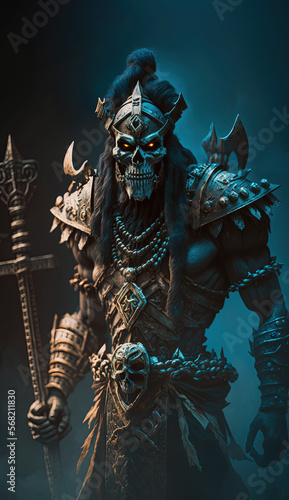 Skeleton Warrior isolated on a dark background with cinematic lighting in his best villain arc 