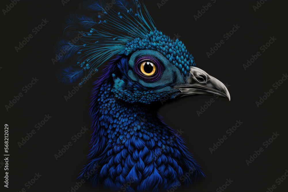 Obraz premium Portrait of a Blue Peacock's Head with a Black Background. Generative AI