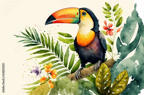 Cute toucan in a lush environment  perched on a tree surrounded by grass and leaves. Kids  watercolor illustration of a colorful toucan bird. Generative AI