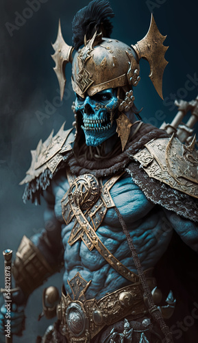 Skeleton Warrior isolated on a dark background with cinematic lighting in his best villain arc 