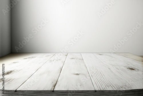White background with a light white wood tabletop that is empty. Generative AI