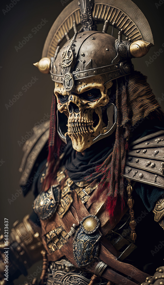 Obraz premium Skeleton Warrior isolated on a dark background with cinematic lighting in his best villain arc 