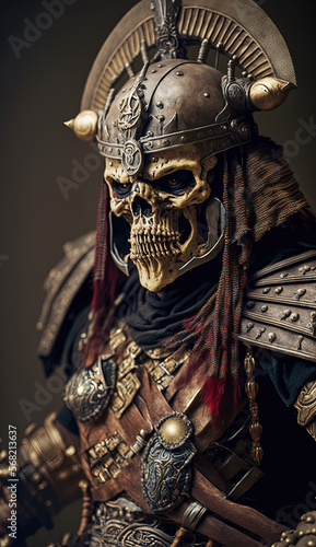 Skeleton Warrior isolated on a dark background with cinematic lighting in his best villain arc 