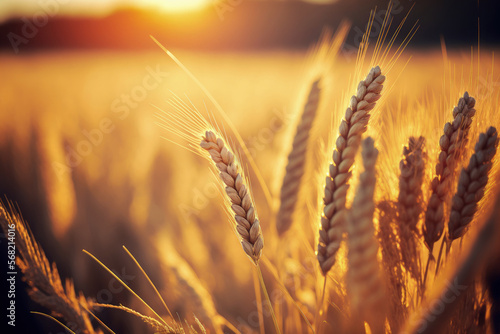 Wheat field in closeup during the harvest season with sunshine. Generative AI