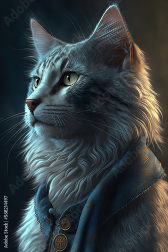 Fantasy portrait of beautifully illustrated cat isolated on a blurred background