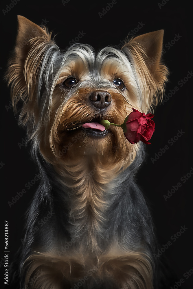 Portrait of a Yorkshire Terrier dog holding a red rose in its mouth