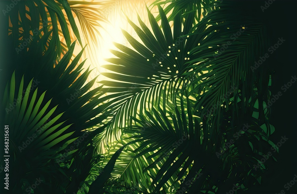 Beautiful tropical nature banner concept with close up of a jungle with palm leaves in the sun and lush green tropical vegetation. Generative AI