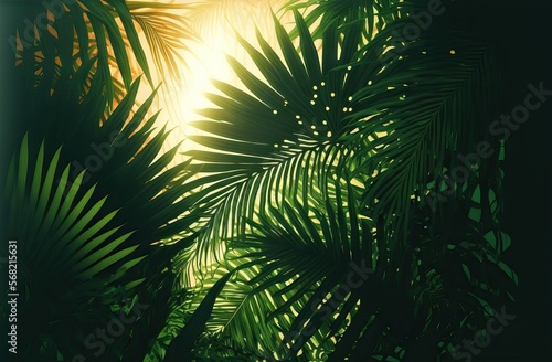 Beautiful tropical nature banner concept with close up of a jungle with palm leaves in the sun and lush green tropical vegetation. Generative AI