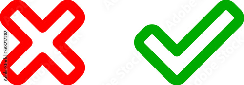 Green Yes or OK Red No or Declined Yellow Problem or Warning Flat Icon Set with Check Mark and X Cross Sign Symbols. Vector Image.
