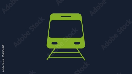 Yellow Train and railway icon isolated on blue background. Public transportation symbol. Subway train transport. Metro underground. 4K Video motion graphic animation