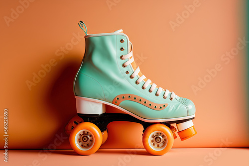 Vintage roller skates in top shot against a colored background. Generative AI