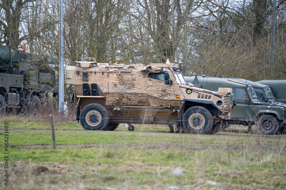 British army Foxhound 4-wheel protected patrol vehicle in desert camouflage, Wiltshire UK British army Foxhound 4-wheel protected patrol vehicle in desert camouflage, Wiltshire UK
