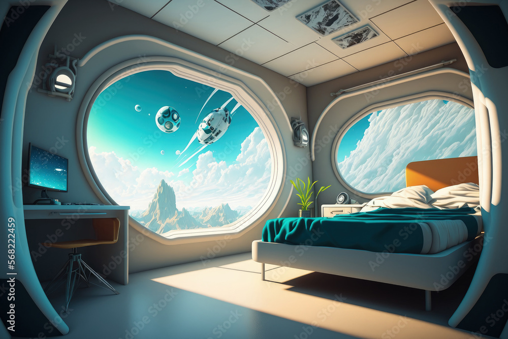 Interior of a futuristic science fiction bedroom with a view of Earth in space,. Generative AI Interior of a futuristic science fiction bedroom with a view of Earth in space,. Generative AI