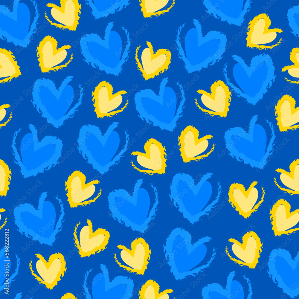Seamless Pattern with Cute Chalk Blue and Yellow hearts on navy background. Vector illustration.