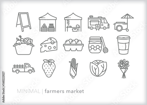 Set of farmers market line icons of produce, vegetables, cheese, meat, and fruits for sale at a summer outdoor market