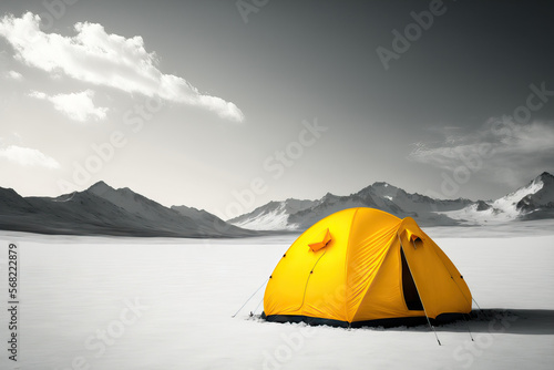 a lone yellow tourist tent against a background of white. Generative AI