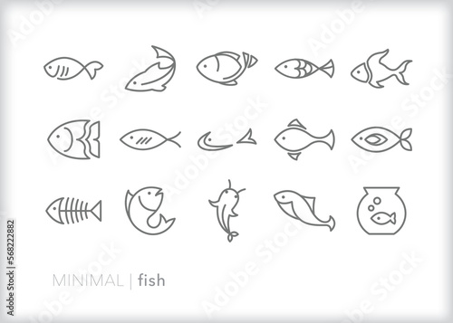 Set of fish line icons of different types and shapes of abstract freshwater or ocean fish