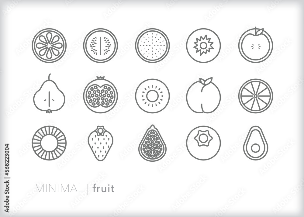 Set of fruit line icons of juicy spring and summer produce 