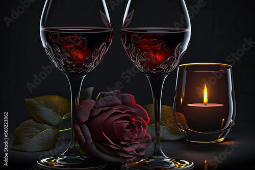 two glasses of red wine with lit up candle nearby and red rose under it photo